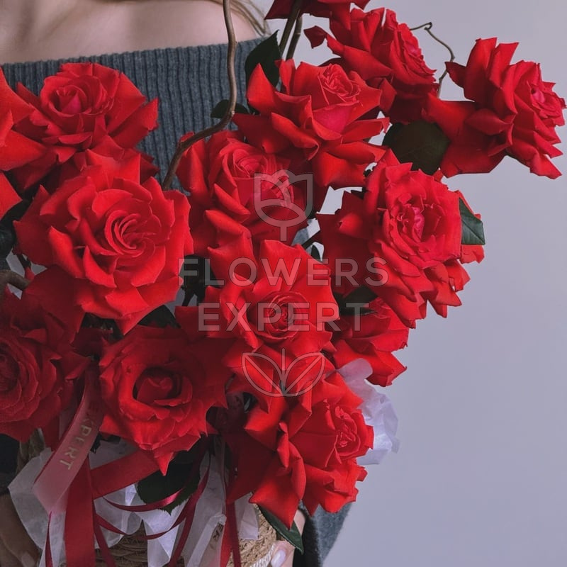 Композиция в кашпо c 15 французскими розами "CHÂTEAU ROUGE"