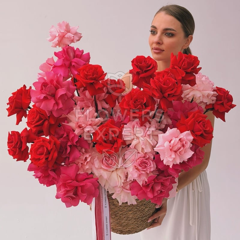 Композиция в кашпо c 75 французскими розами "ÉCLAT DE ROUGE"