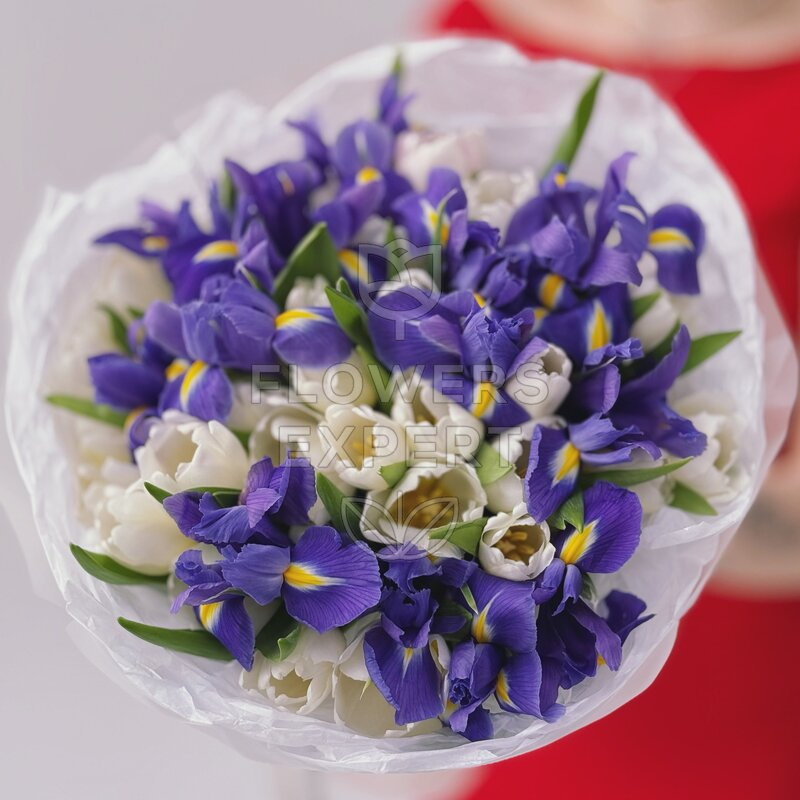 Букет из 25 белых тюльпанов с 10 ирисами "SPRING MAGIC"