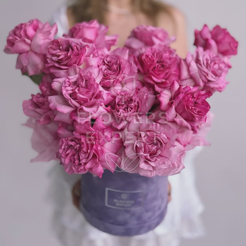 Бархатная коробка из 15 пионовидных роз "QUEENS CROWN"