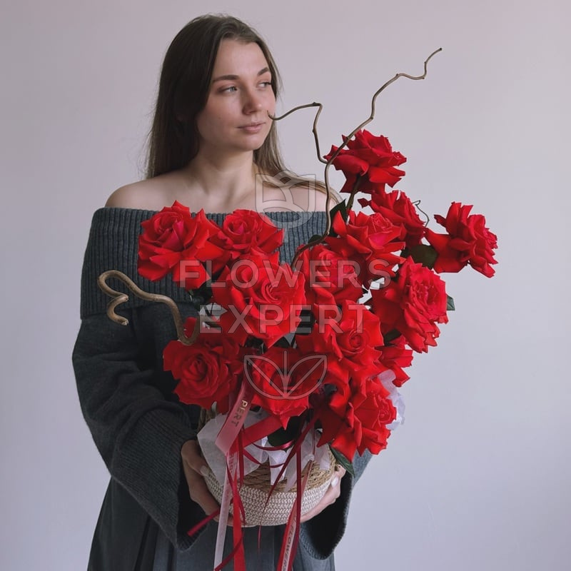 Композиция в кашпо c 15 французскими розами "CHÂTEAU ROUGE"